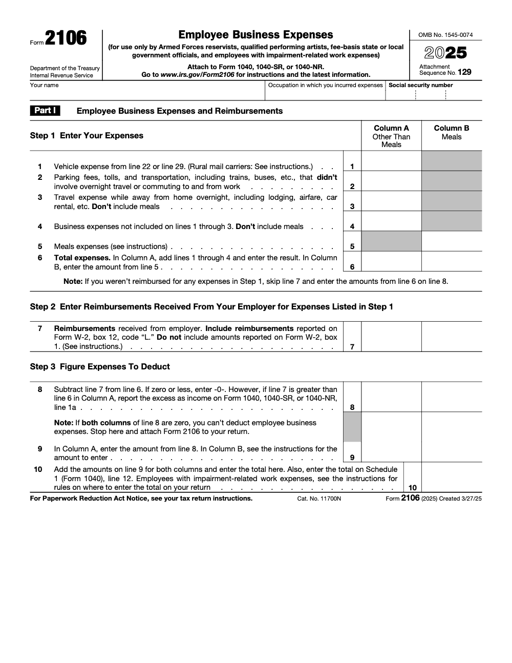Page 1 of 2 of the official IRS Form 2106 PDF (2025 edition): Part I