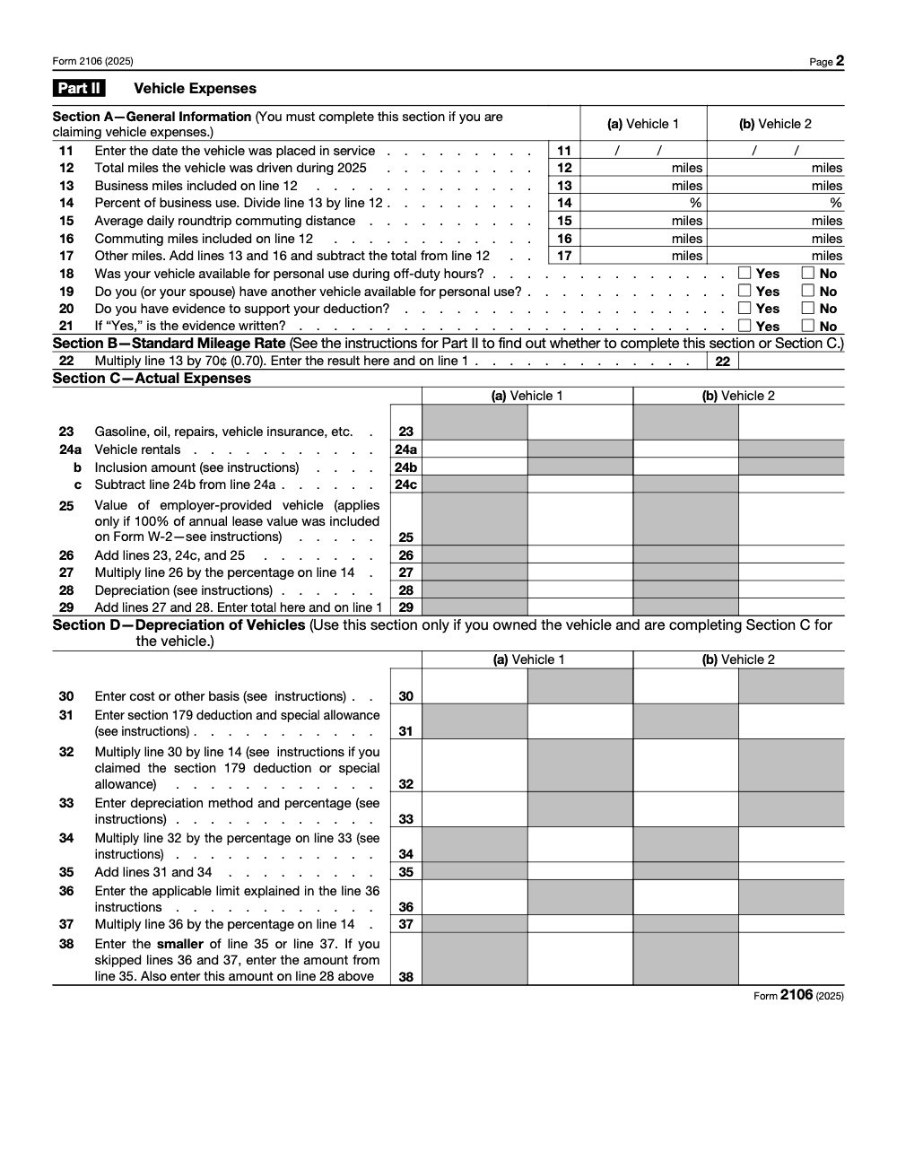 Page 2 of 2 of the official IRS Form 2106 PDF (2025 edition): Part II