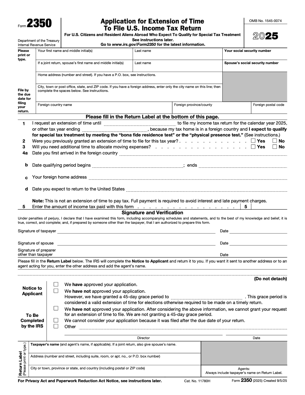 Page 1 of 4 of the official IRS Form 2350 PDF (2025 edition)
