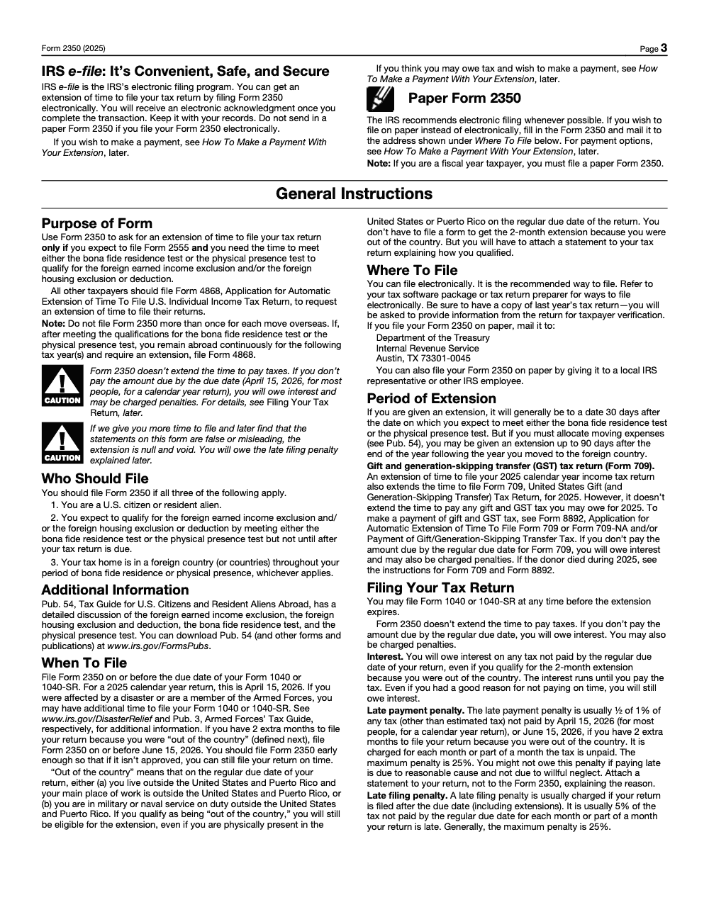Page 3 of 4 of the official IRS Form 2350 PDF (2025 edition): instructions