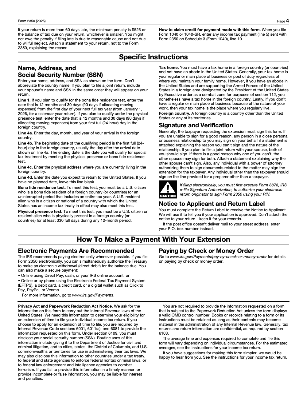 Page 4 of 4 of the official IRS Form 2350 PDF (2025 edition): instructions
