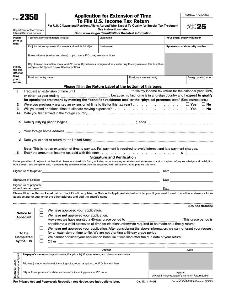 Page 1 of 4 of the official IRS Form 2350 PDF (2025 edition)