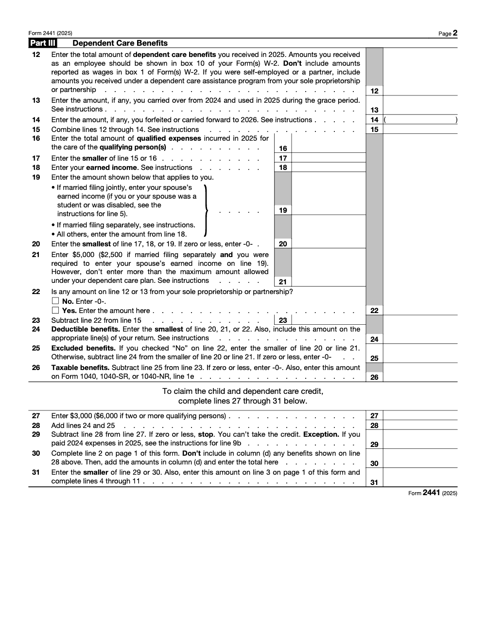 Page 2 of 2 of the official IRS Form 2441 PDF (2025 edition): Part III