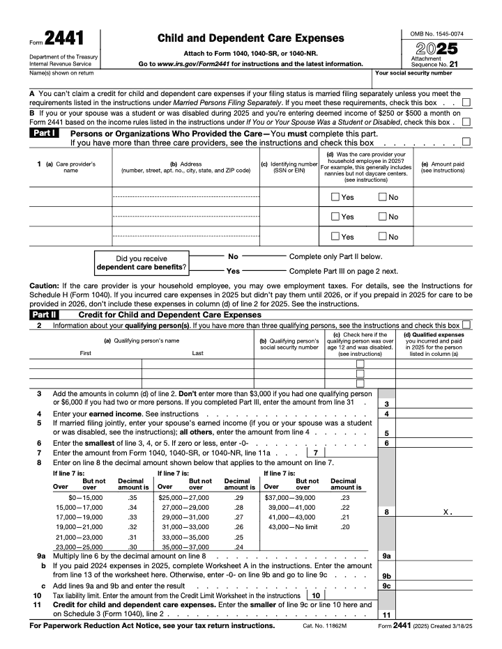 Page 1 of 2 of the official IRS Form 2441 PDF (2025 edition): Parts I, II, III