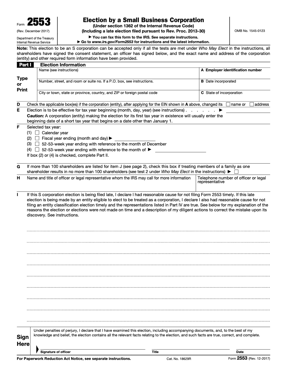 Page 1 of 4 of the official IRS Form 2553 PDF (Rev. December 2017): Parts I, II, IV