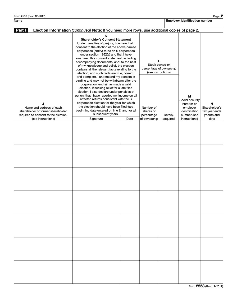 Page 2 of 4 of the official IRS Form 2553 PDF (Rev. December 2017): Part I