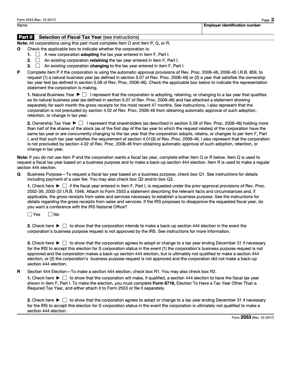 Page 3 of 4 of the official IRS Form 2553 PDF (Rev. December 2017): Parts II, I