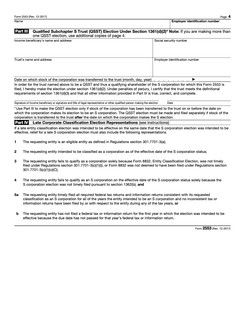 Page 4 of 4 of the official IRS Form 2553 PDF (Rev. December 2017): Parts III, IV