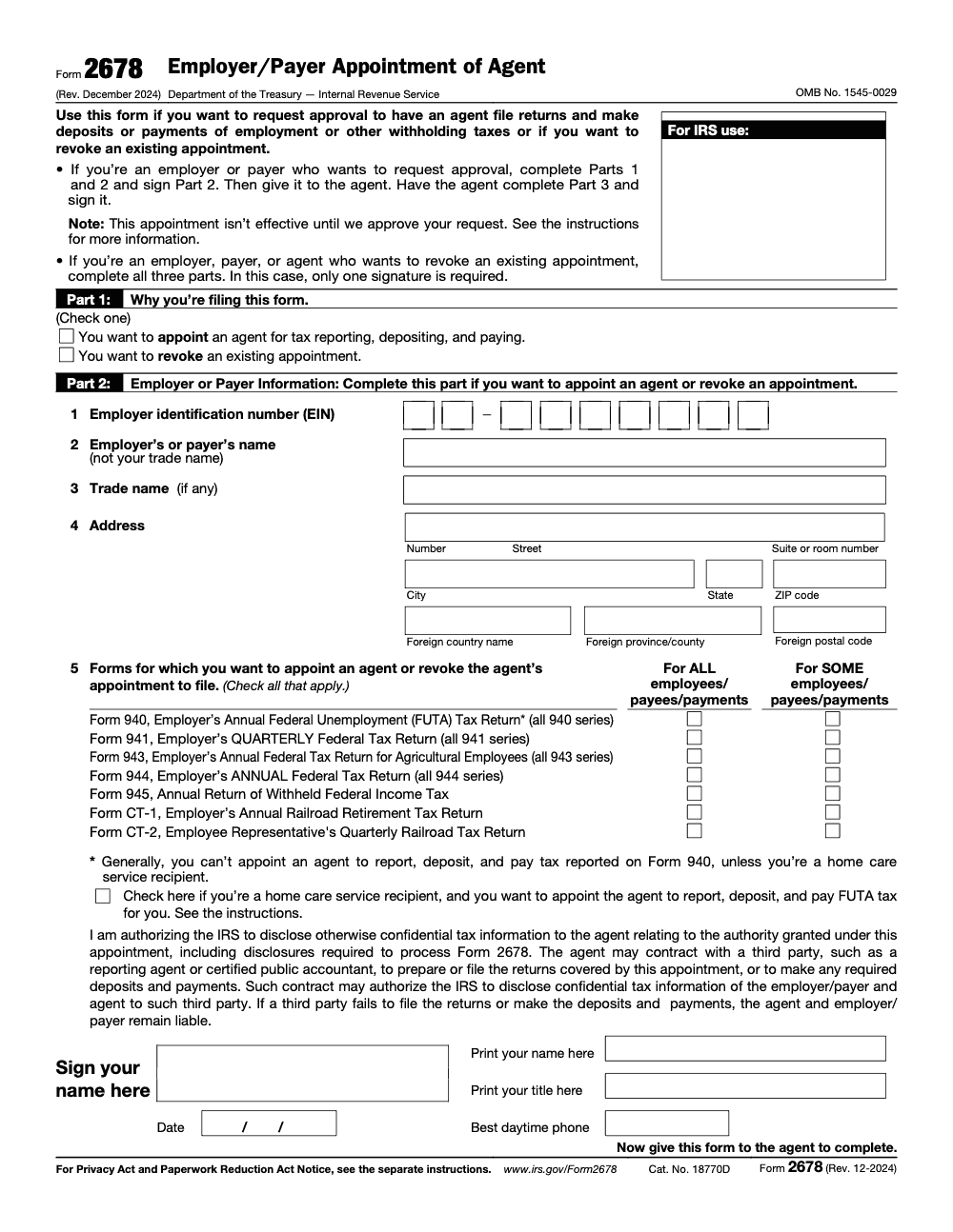 Page 1 of 2 of the official IRS Form 2678 PDF (Rev. December 2024): Parts 2, 3, 1