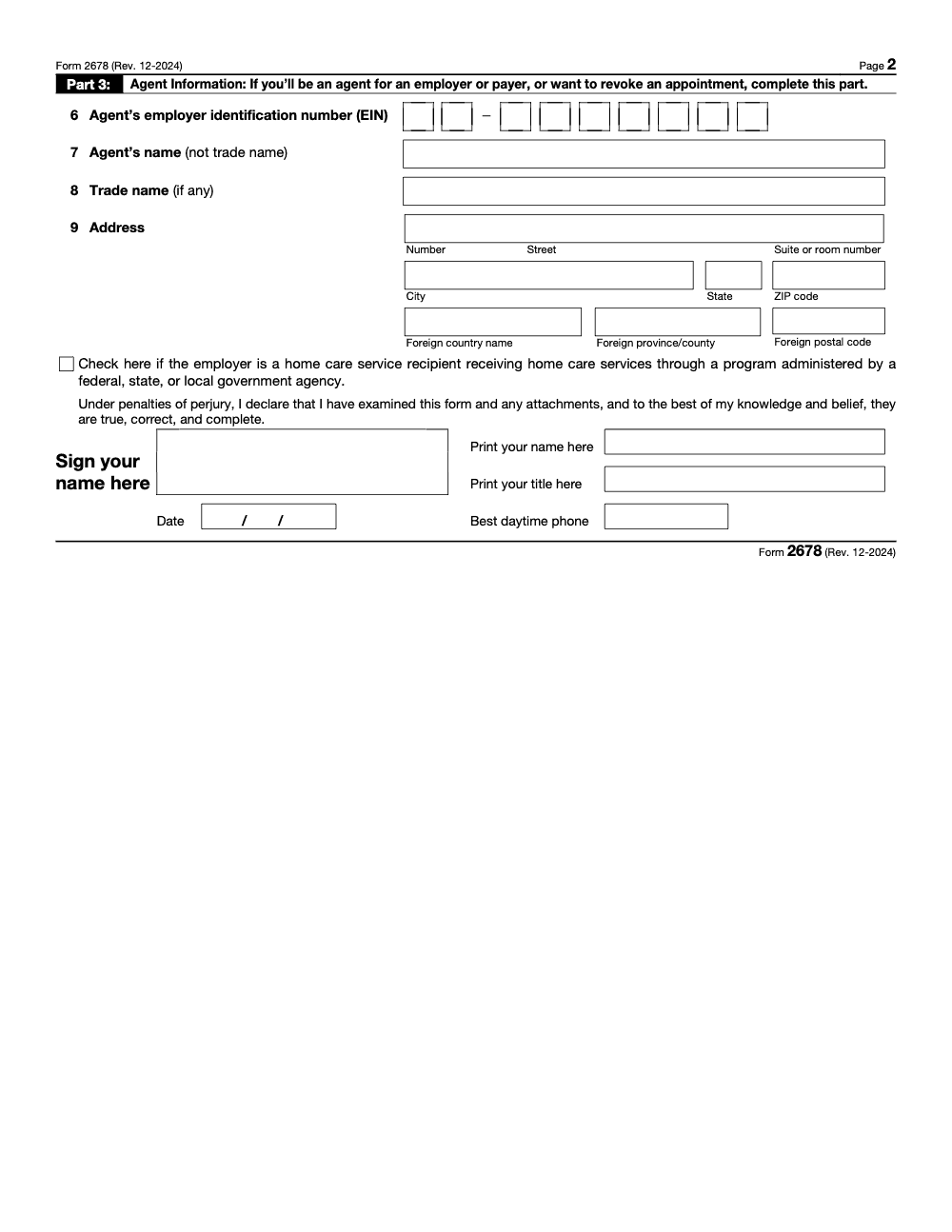 Page 2 of 2 of the official IRS Form 2678 PDF (Rev. December 2024): Part 3