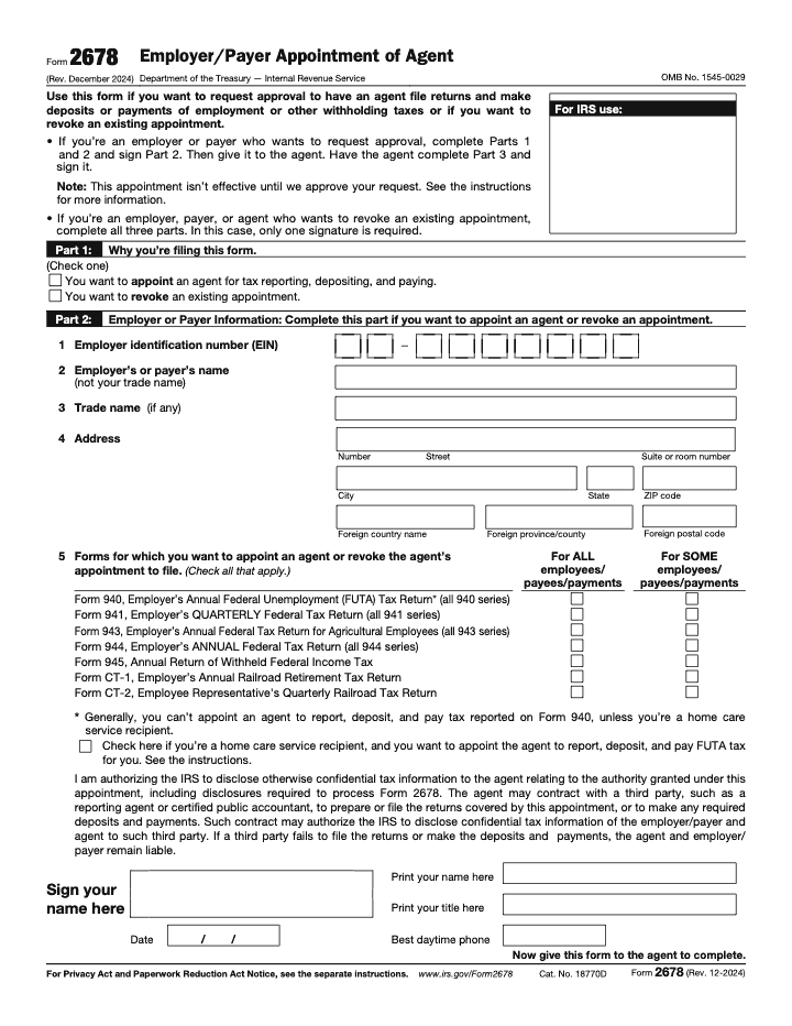 Page 1 of 2 of the official IRS Form 2678 PDF (Rev. December 2024): Parts 2, 3, 1