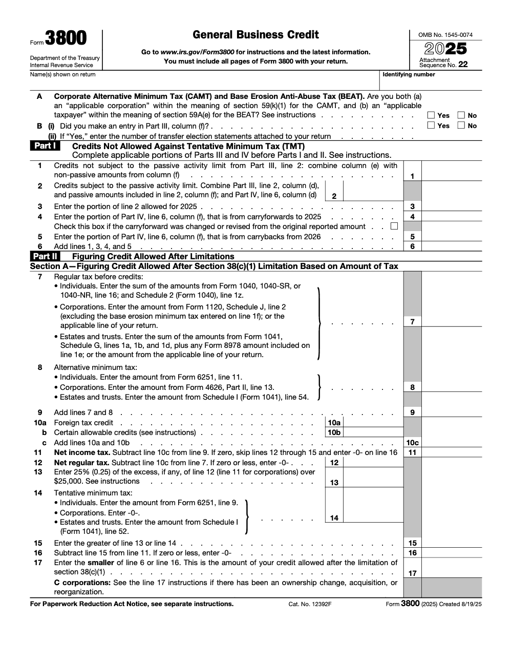 Page 1 of 9 of the official IRS Form 3800 PDF (2025 edition): Parts III, I, IV, II