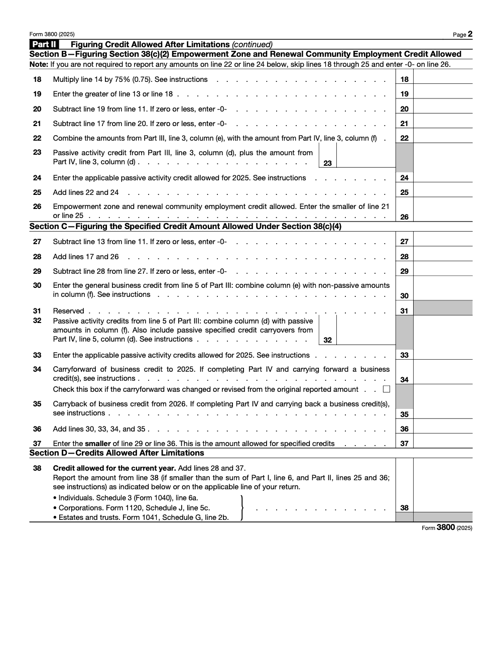 Page 2 of 9 of the official IRS Form 3800 PDF (2025 edition): Parts II, III, IV