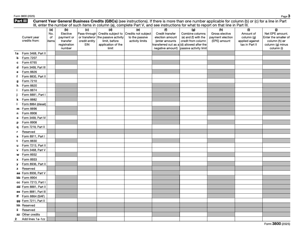 Page 3 of 9 of the official IRS Form 3800 PDF (2025 edition): Parts III, V, II, I, IV