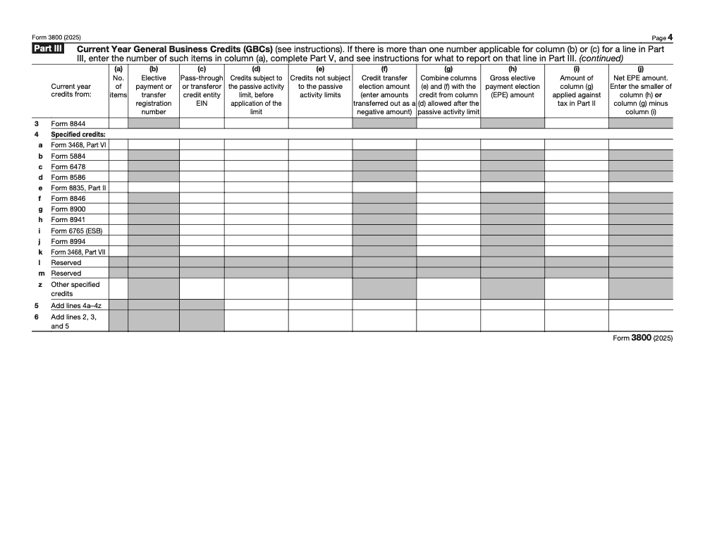 Page 4 of 9 of the official IRS Form 3800 PDF (2025 edition): Parts III, V, II, VI, VII