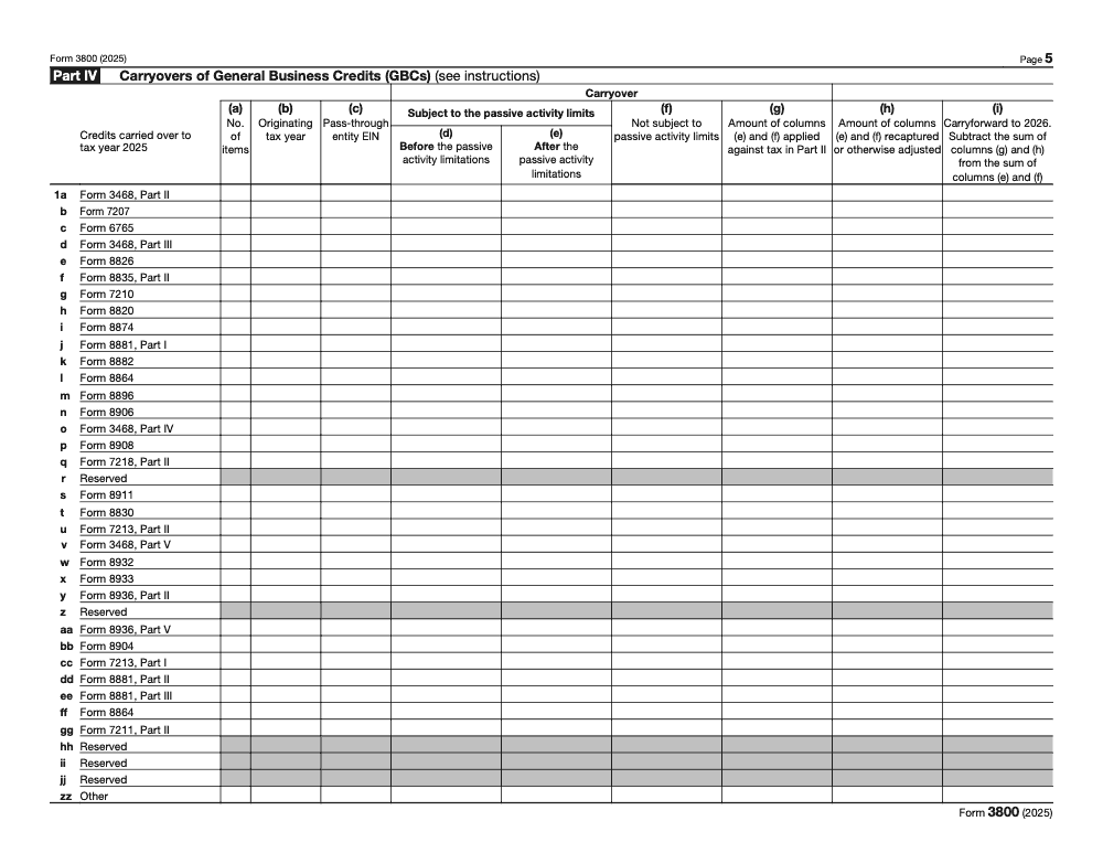 Page 5 of 9 of the official IRS Form 3800 PDF (2025 edition): Parts IV, II, III, I, V