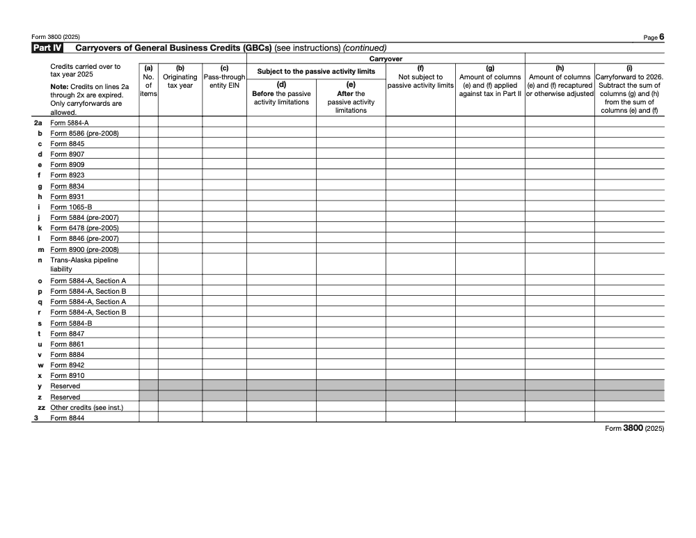 Page 6 of 9 of the official IRS Form 3800 PDF (2025 edition): Parts IV, II
