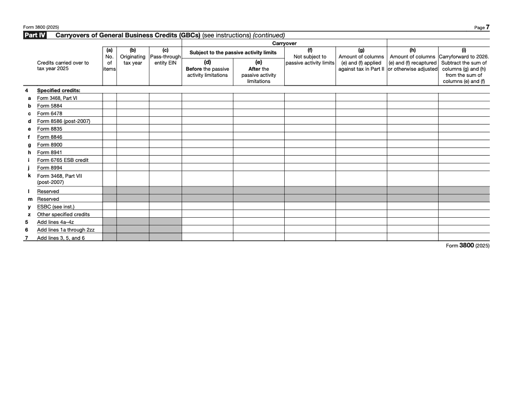Page 7 of 9 of the official IRS Form 3800 PDF (2025 edition): Parts IV, II, VI, VII