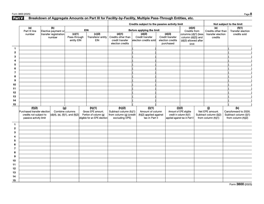 Page 8 of 9 of the official IRS Form 3800 PDF (2025 edition): Parts V, III, II