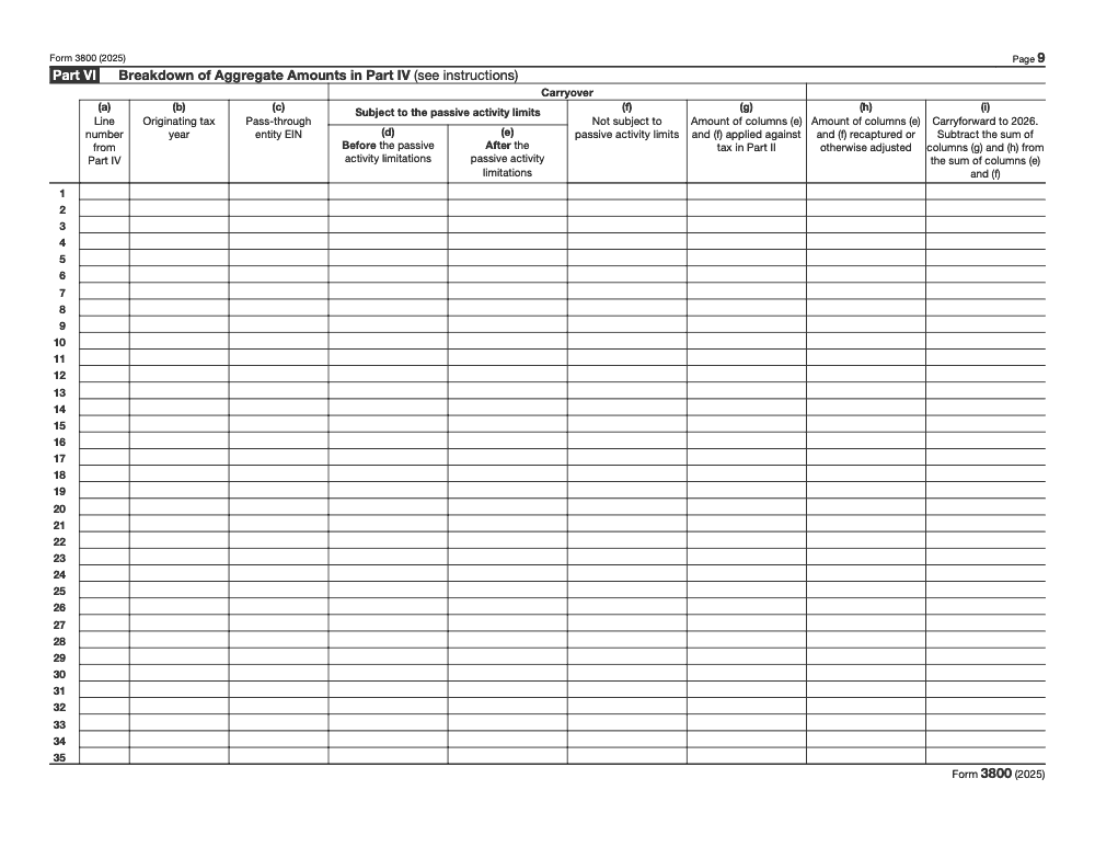 Page 9 of 9 of the official IRS Form 3800 PDF (2025 edition): Parts VI, IV, II