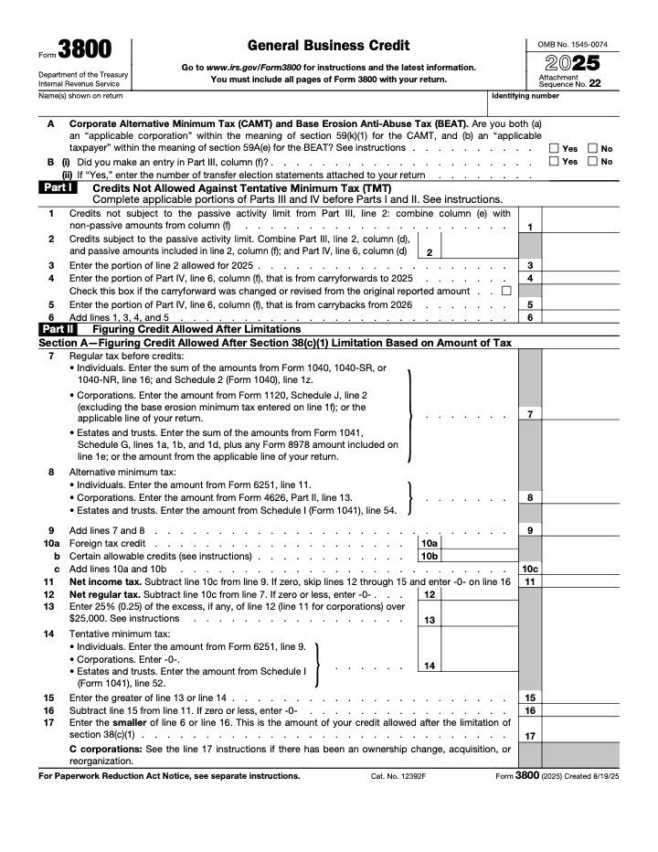 Page 1 of 9 of the official IRS Form 3800 PDF (2025 edition): Parts III, I, IV, II