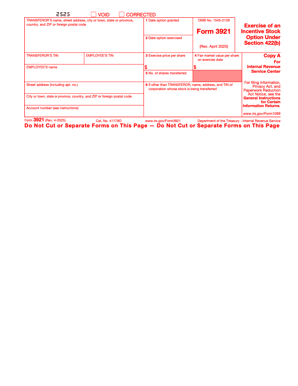 Page 1 of 4 of the official IRS Form 3921 PDF (Rev. April 2025): Copy A; instructions
