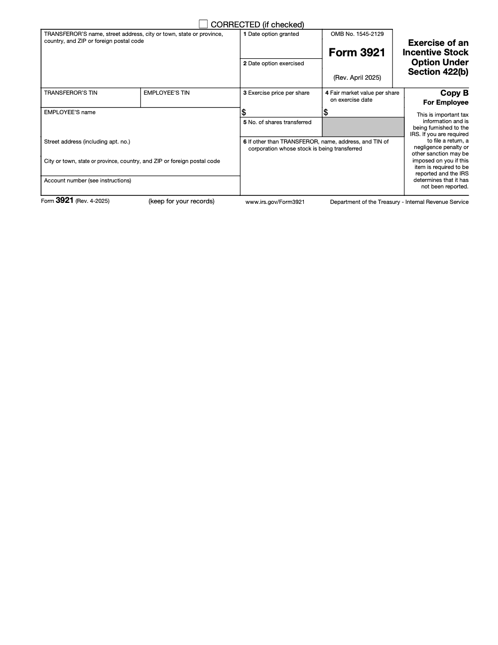 Page 2 of 4 of the official IRS Form 3921 PDF (Rev. April 2025): Copy B