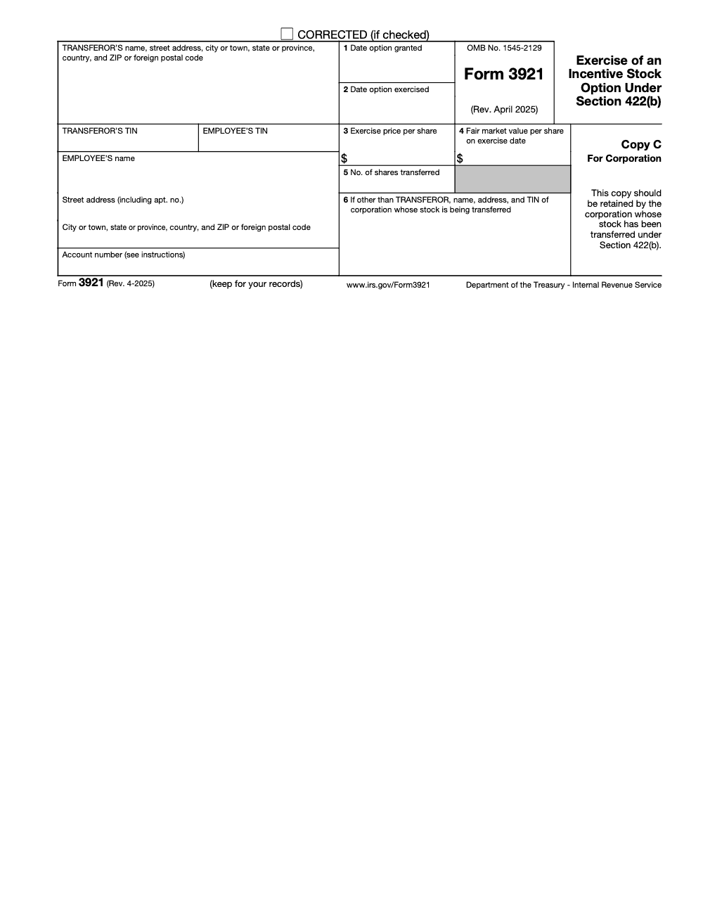 Page 4 of 4 of the official IRS Form 3921 PDF (Rev. April 2025): Copy C