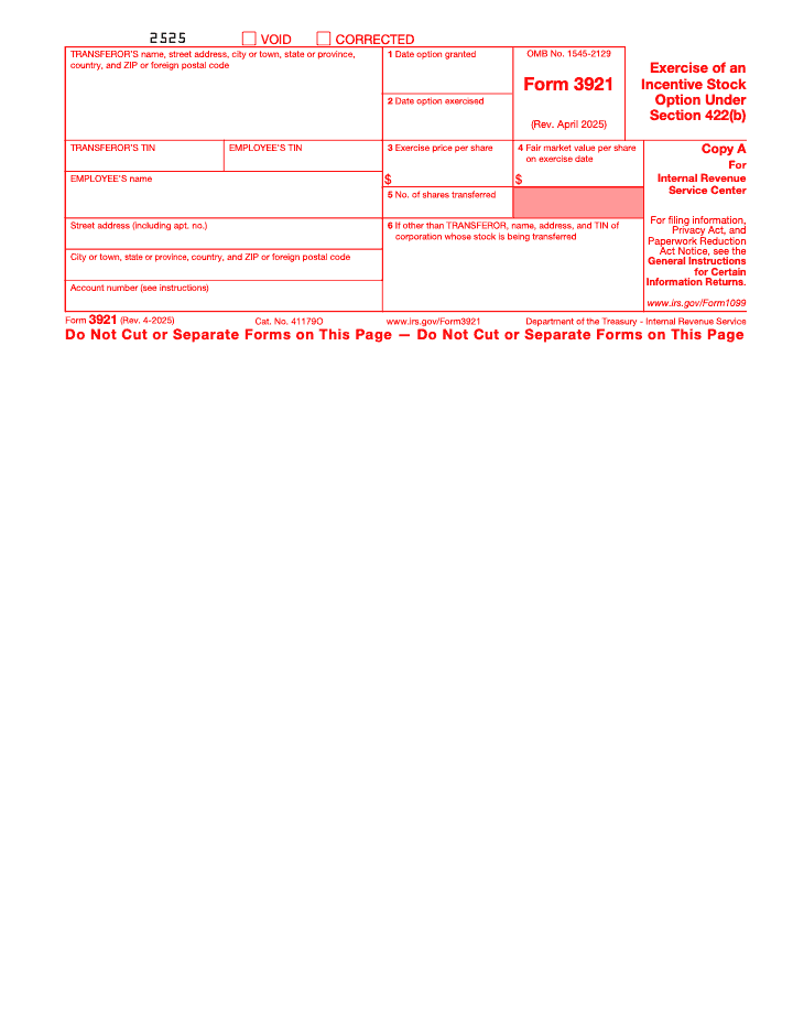 Page 1 of 4 of the official IRS Form 3921 PDF (Rev. April 2025): Copy A; instructions