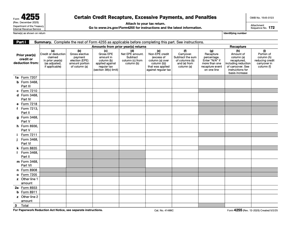 Page 1 of 5 of the official IRS Form 4255 PDF (Rev. December 2025): Parts I, III, IV, II, V, VI