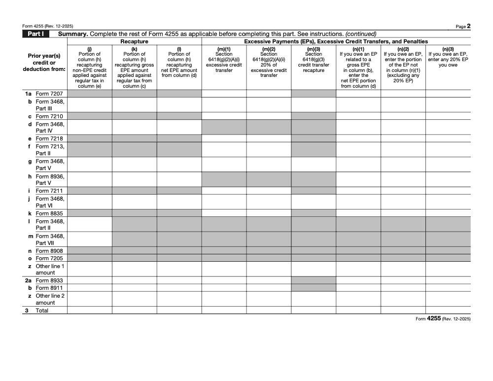 Page 2 of 5 of the official IRS Form 4255 PDF (Rev. December 2025): Parts I, III, IV, II, V, VI