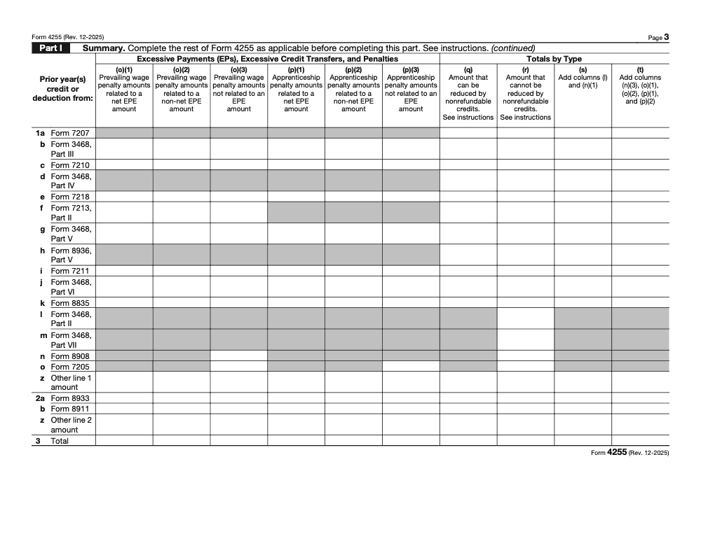 Page 3 of 5 of the official IRS Form 4255 PDF (Rev. December 2025): Parts I, III, IV, II, V, VI