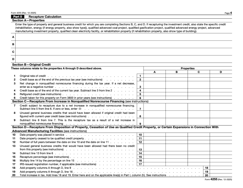 Page 4 of 5 of the official IRS Form 4255 PDF (Rev. December 2025): Part II