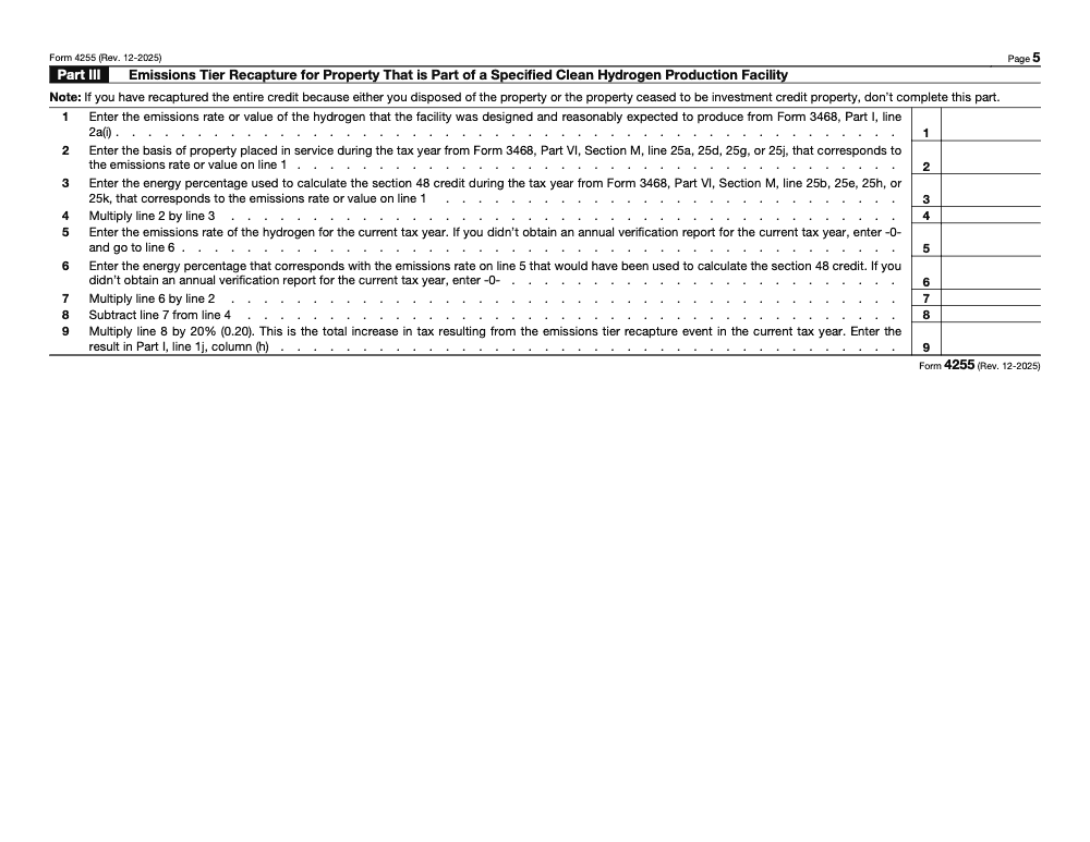 Page 5 of 5 of the official IRS Form 4255 PDF (Rev. December 2025): Parts III, I, VI