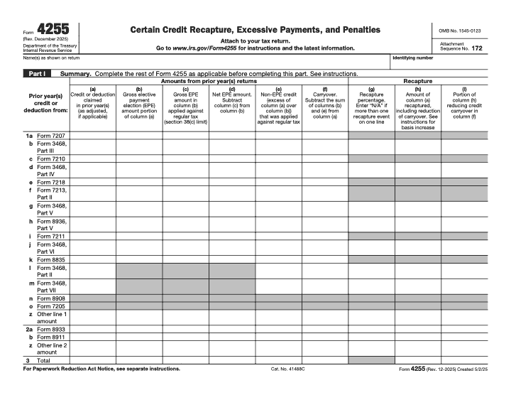 Page 1 of 5 of the official IRS Form 4255 PDF (Rev. December 2025): Parts I, III, IV, II, V, VI
