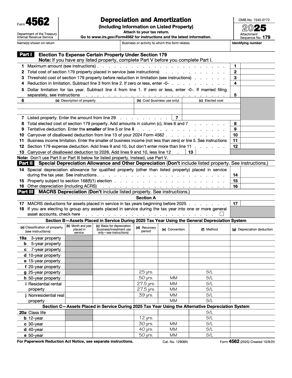 Page 1 of 3 of the official IRS Form 4562 PDF (2025 edition): Parts I, V, II, III