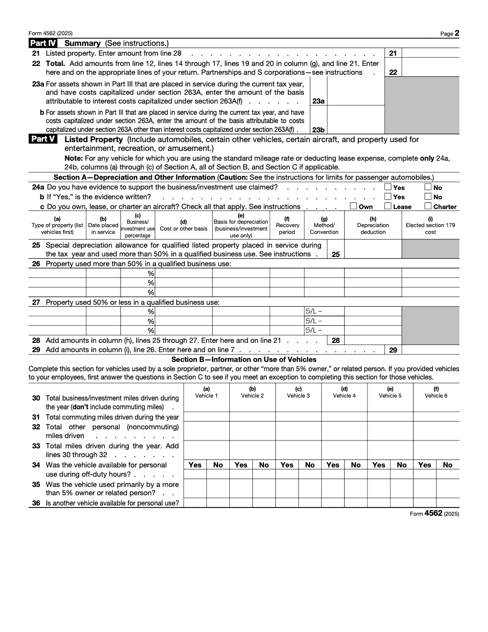 Page 2 of 3 of the official IRS Form 4562 PDF (2025 edition): Parts IV, III, V