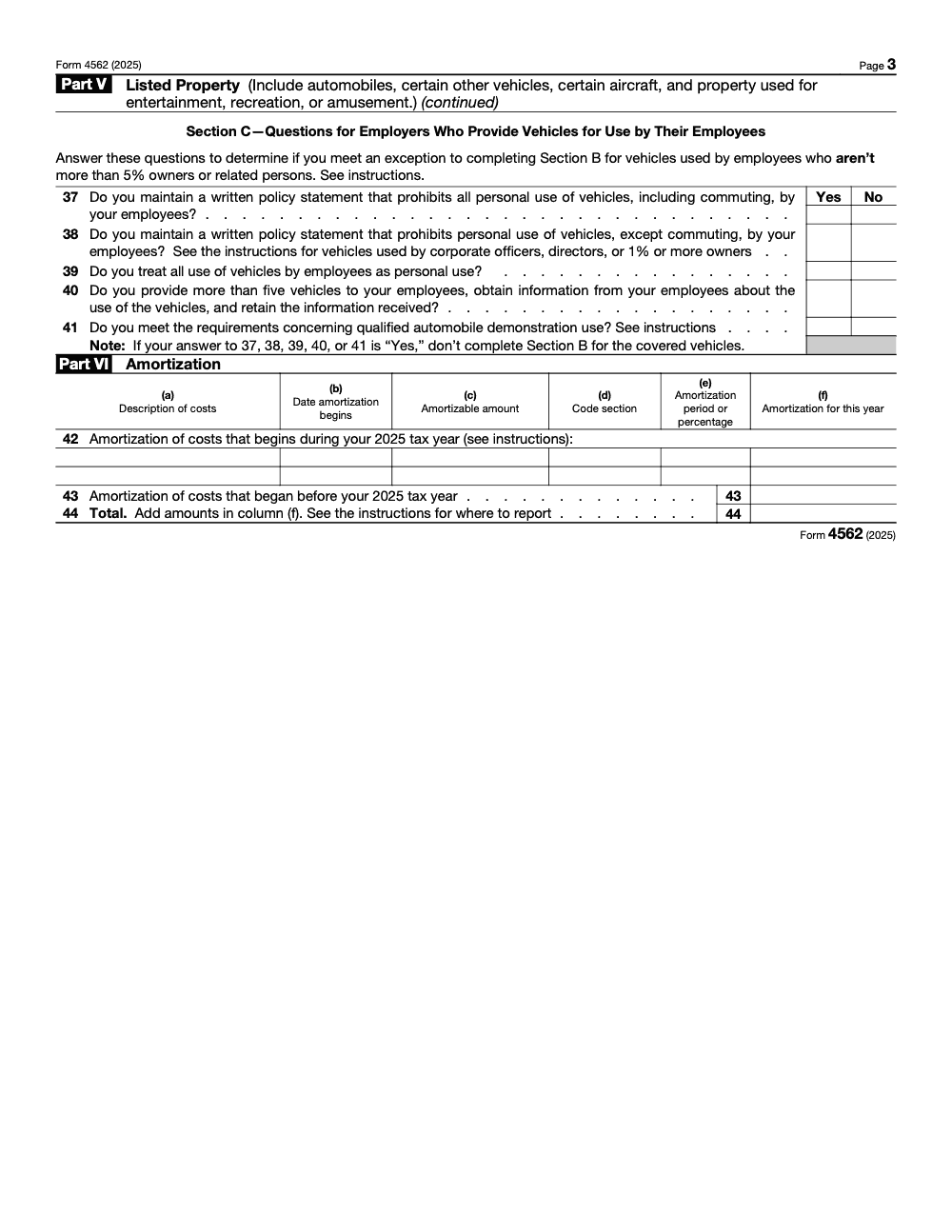 Page 3 of 3 of the official IRS Form 4562 PDF (2025 edition): Parts V, VI