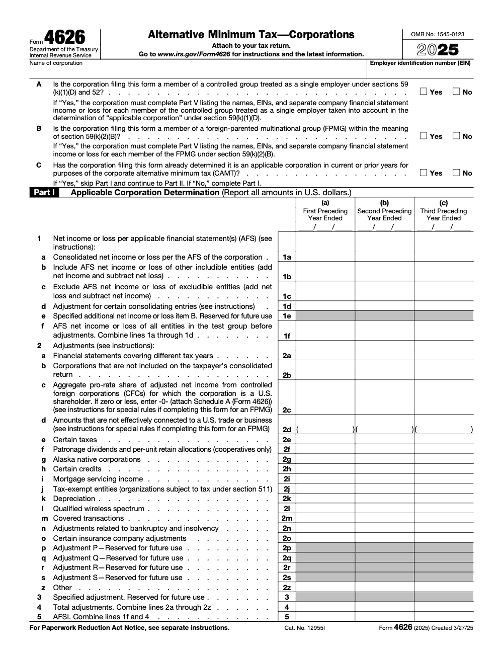 Page 1 of 8 of the official IRS Form 4626 PDF (2025 edition): Parts V, I, II