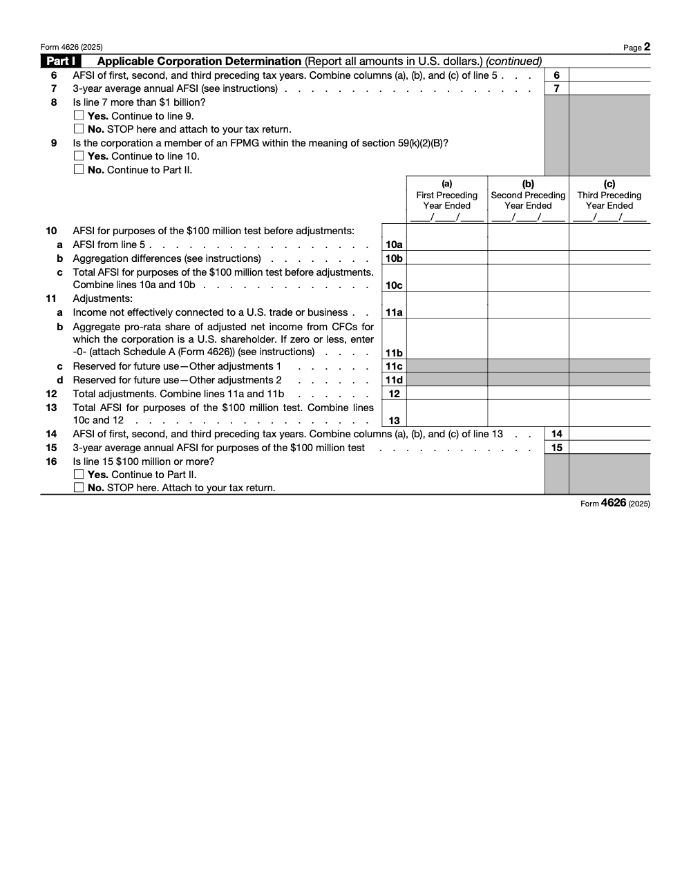 Page 2 of 8 of the official IRS Form 4626 PDF (2025 edition): Parts I, II