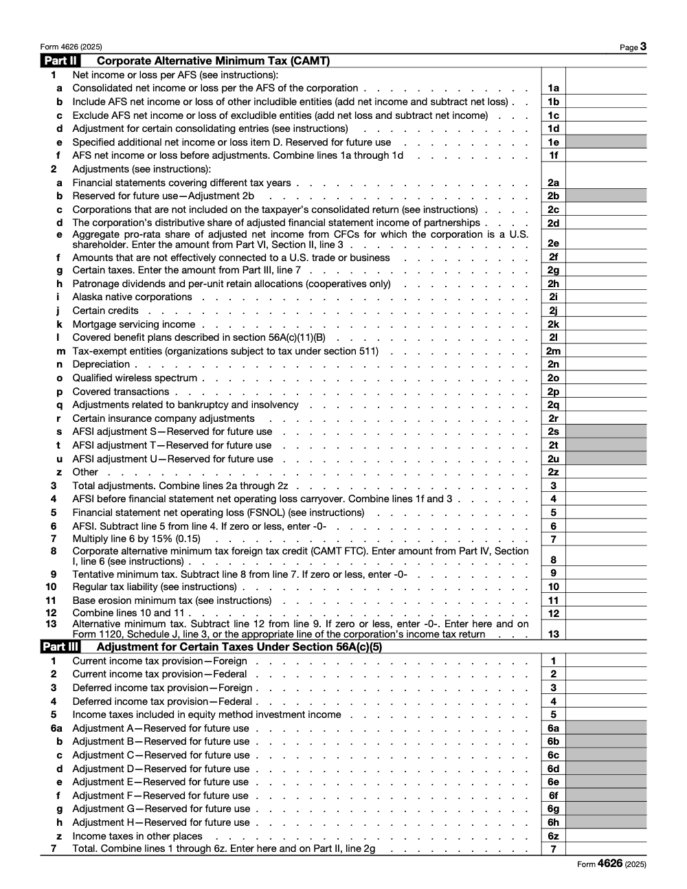 Page 3 of 8 of the official IRS Form 4626 PDF (2025 edition): Parts II, VI, III