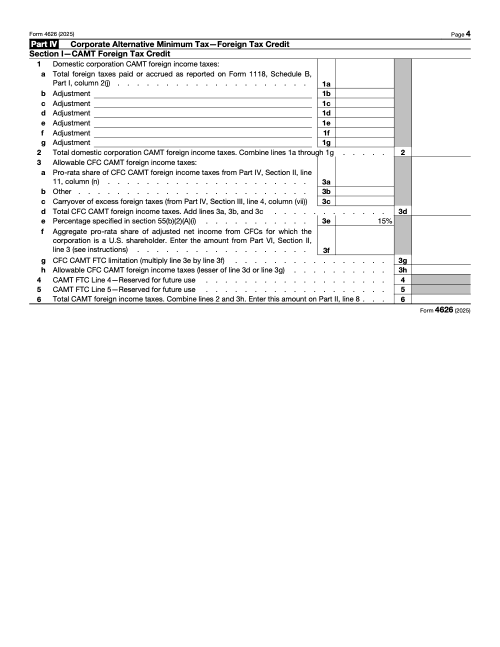 Page 4 of 8 of the official IRS Form 4626 PDF (2025 edition): Parts IV, I, VI, II