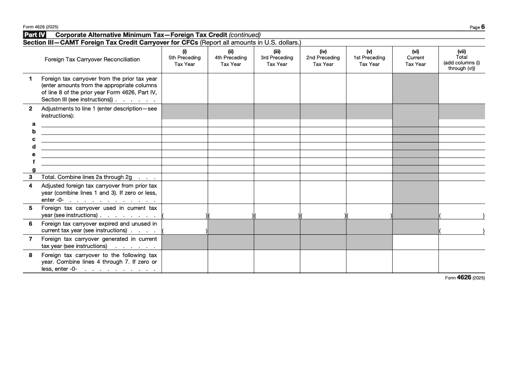 Page 6 of 8 of the official IRS Form 4626 PDF (2025 edition): Part IV