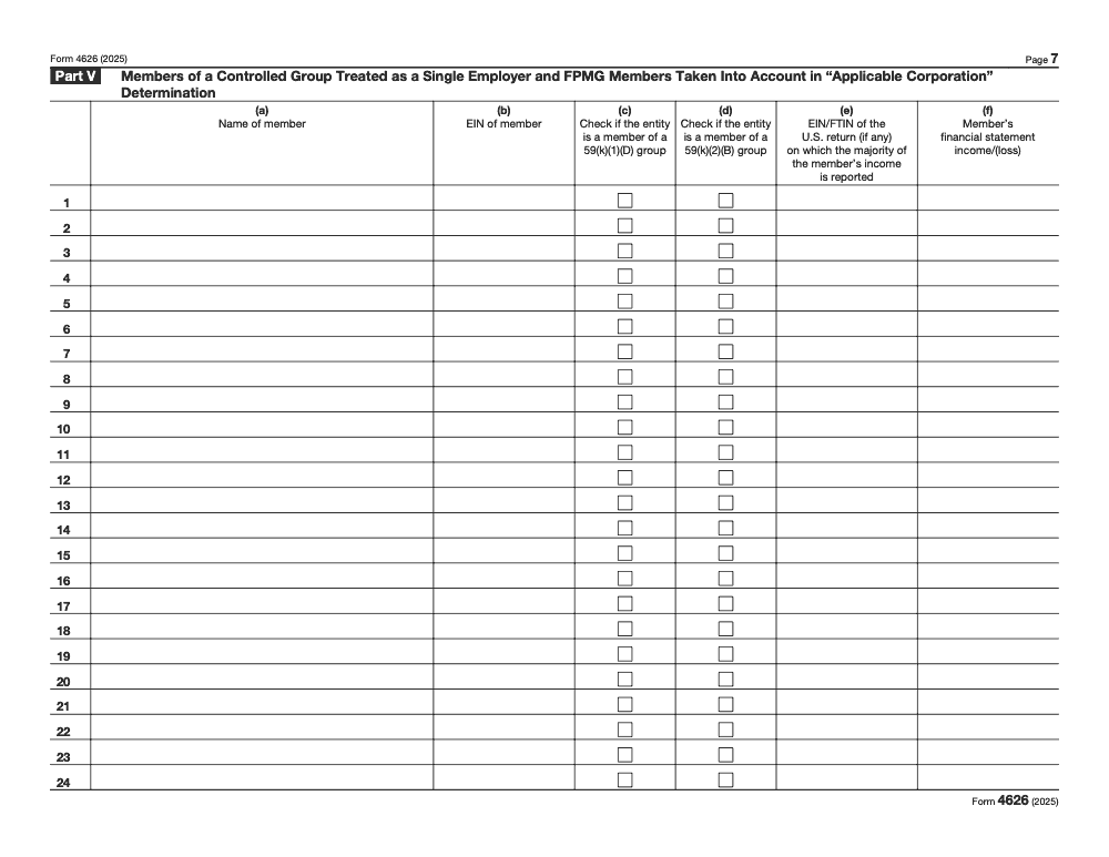 Page 7 of 8 of the official IRS Form 4626 PDF (2025 edition): Part V