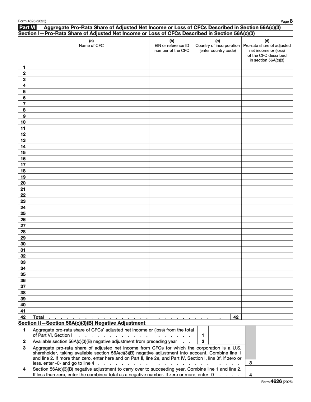 Page 8 of 8 of the official IRS Form 4626 PDF (2025 edition): Parts VI, II, IV