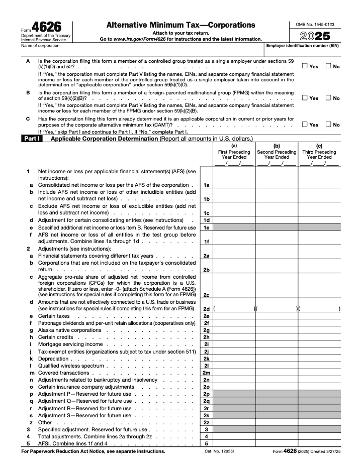 Page 1 of 8 of the official IRS Form 4626 PDF (2025 edition): Parts V, I, II