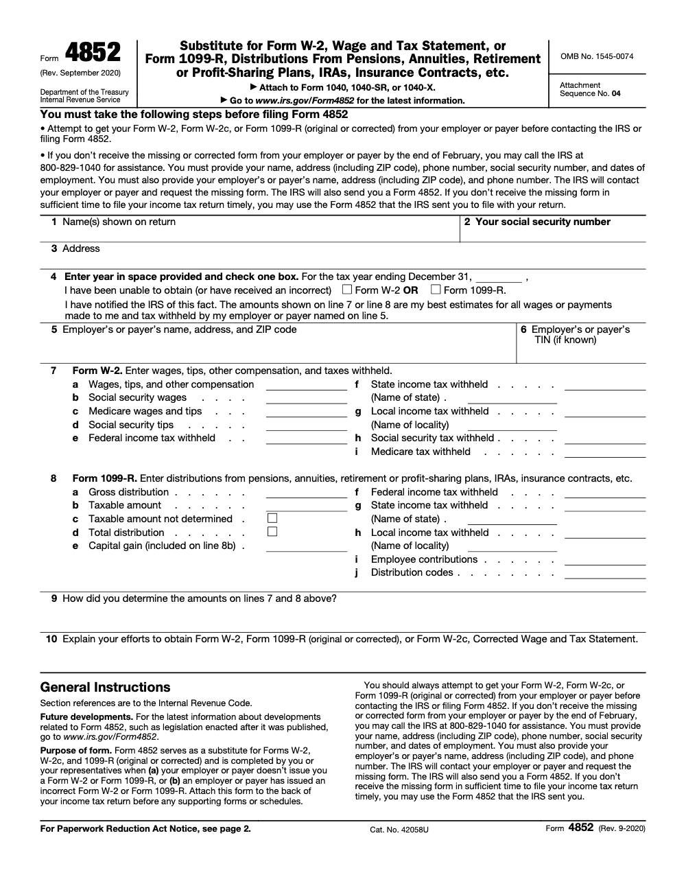 Page 1 of 2 of the official IRS Form 4852 PDF (Rev. September 2020)