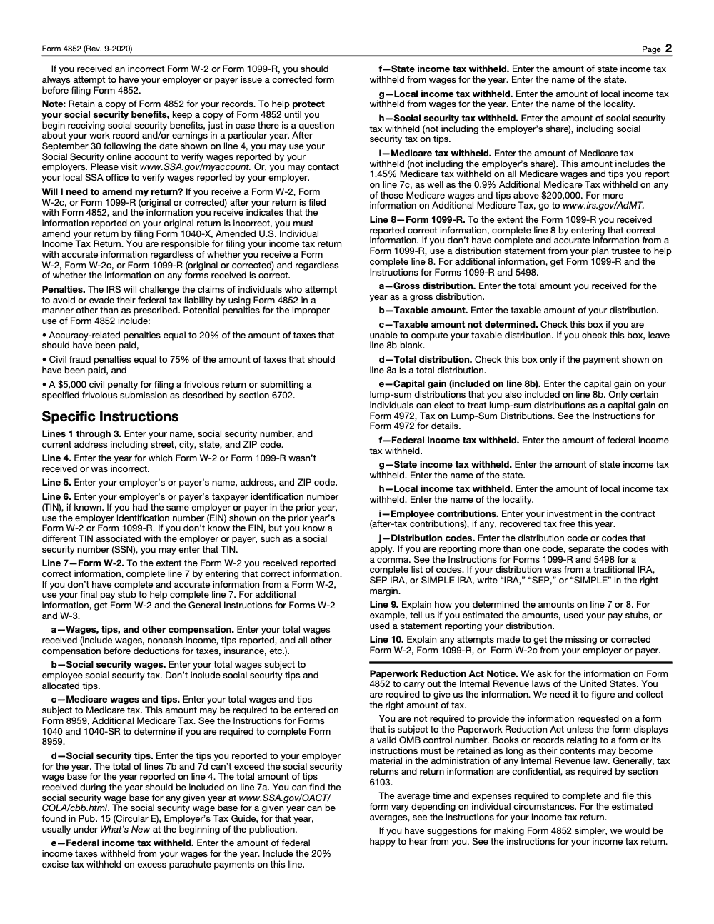 Page 2 of 2 of the official IRS Form 4852 PDF (Rev. September 2020): instructions