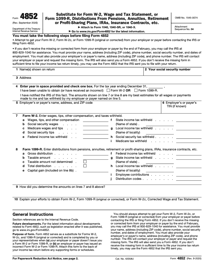Page 1 of 2 of the official IRS Form 4852 PDF (Rev. September 2020)