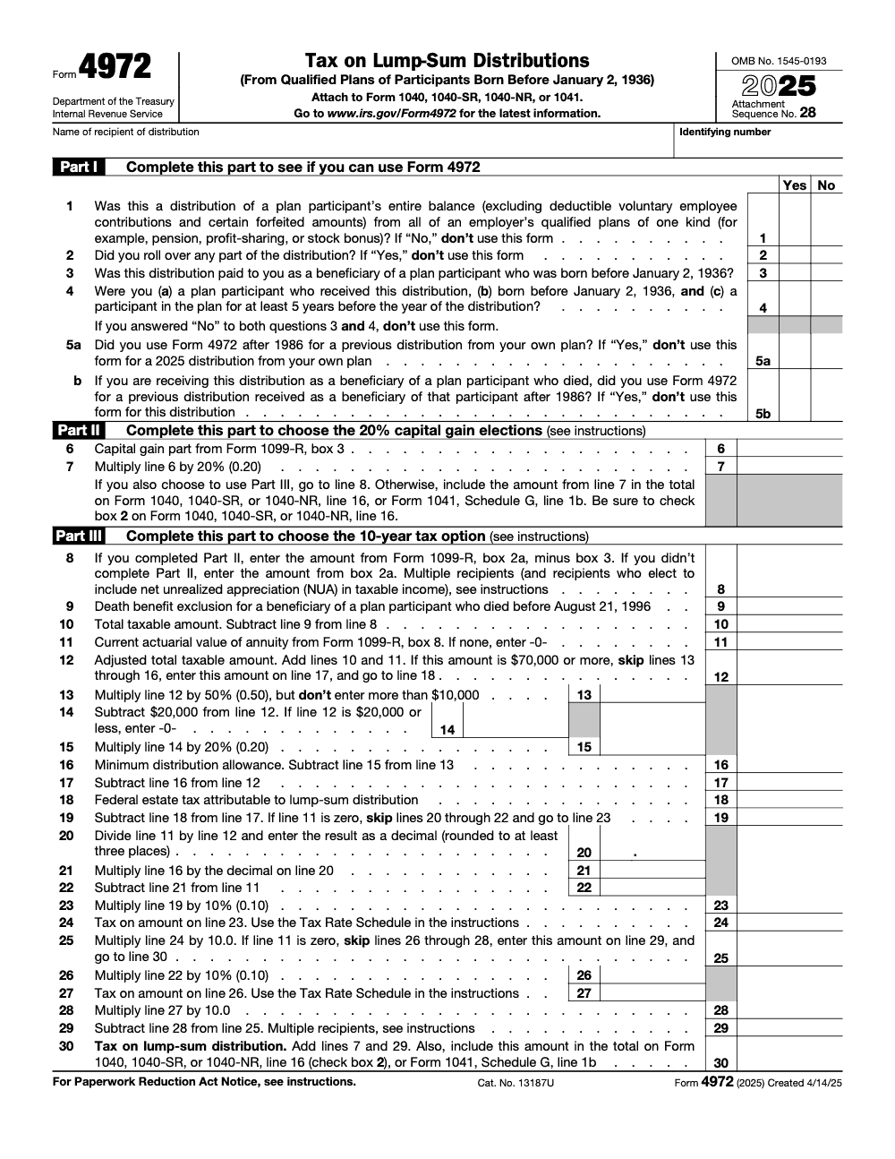Page 1 of 4 of the official IRS Form 4972 PDF (2025 edition): Parts I, II, III